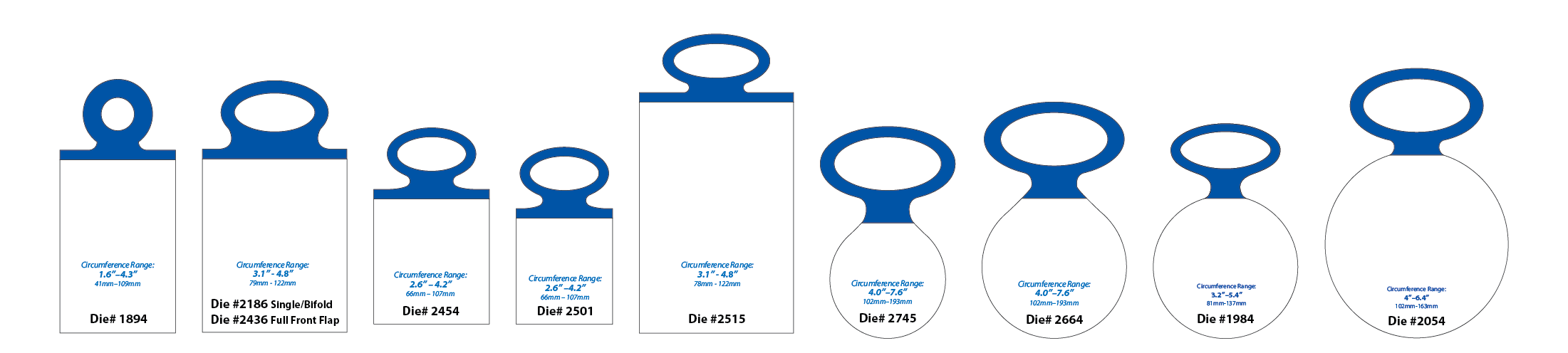 A variety of ElastiTag dieline shapes and sizes with blue elastomer loops on each.