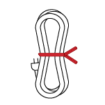An illustrated electrical cord tied with a long twist tie.
