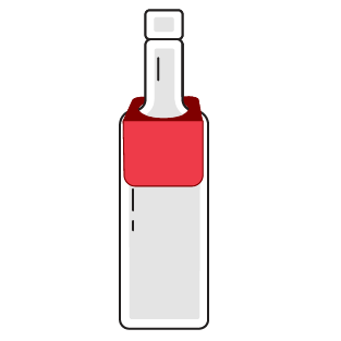 An illustrated red square tag around the neck of a bottle.