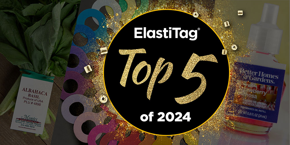"ElastiTag Top 5 of 2024" in gold on black circle. Basil, tags, and fragrance bottle around it.