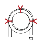 An illustrated water hose coiled and secured with three red twist ties.