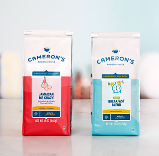White coffee bag ties on Cameron's brand Jamaican Me Crazy and Breakfast Blend coffee bags