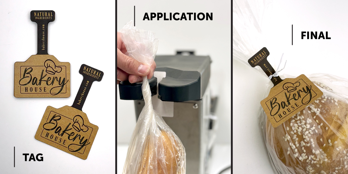 3-step process infographic with message "TAG, APPLICATION, FINAL" showing a bag tag application with a bag tag, bread going into twist tie machine, and bag tag applied.