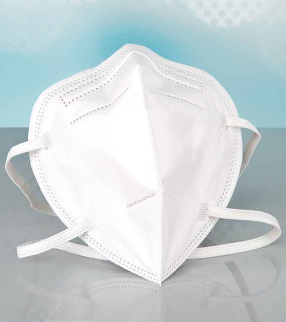 Bendable metal nose bridge strip shapes a white KN95 face mask with elastic string.