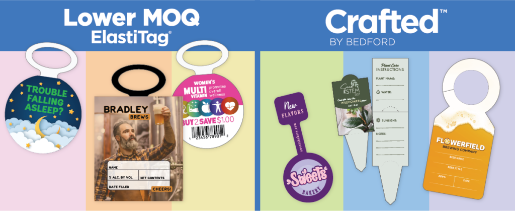 Left: Lower MOQ ElastiTag with 3 tags. Right: Crafted by Bedford with a purple bag tag, green plant stake, and yellow growler tag, against a pastel-colored background.