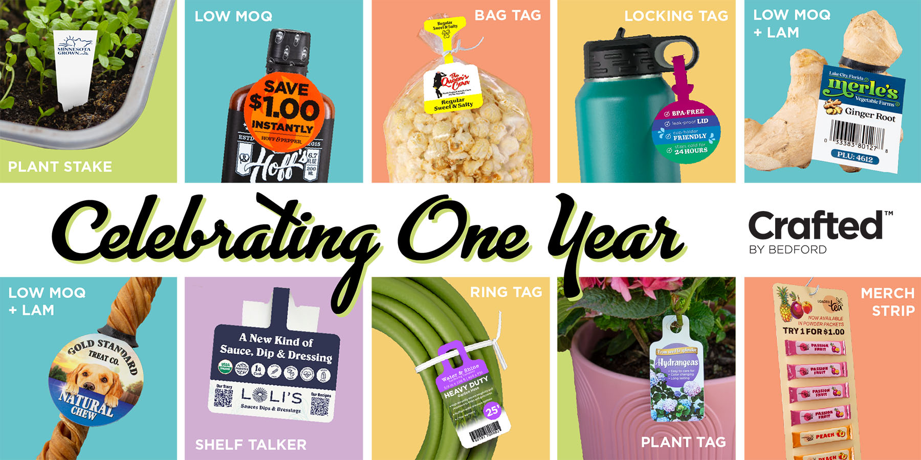 A collage of product tags and packaging, including a plant stake, bottle necker, bag tag, bottle tag, produce tag, shelf talker, ring tag, plant tag, and merch strip.