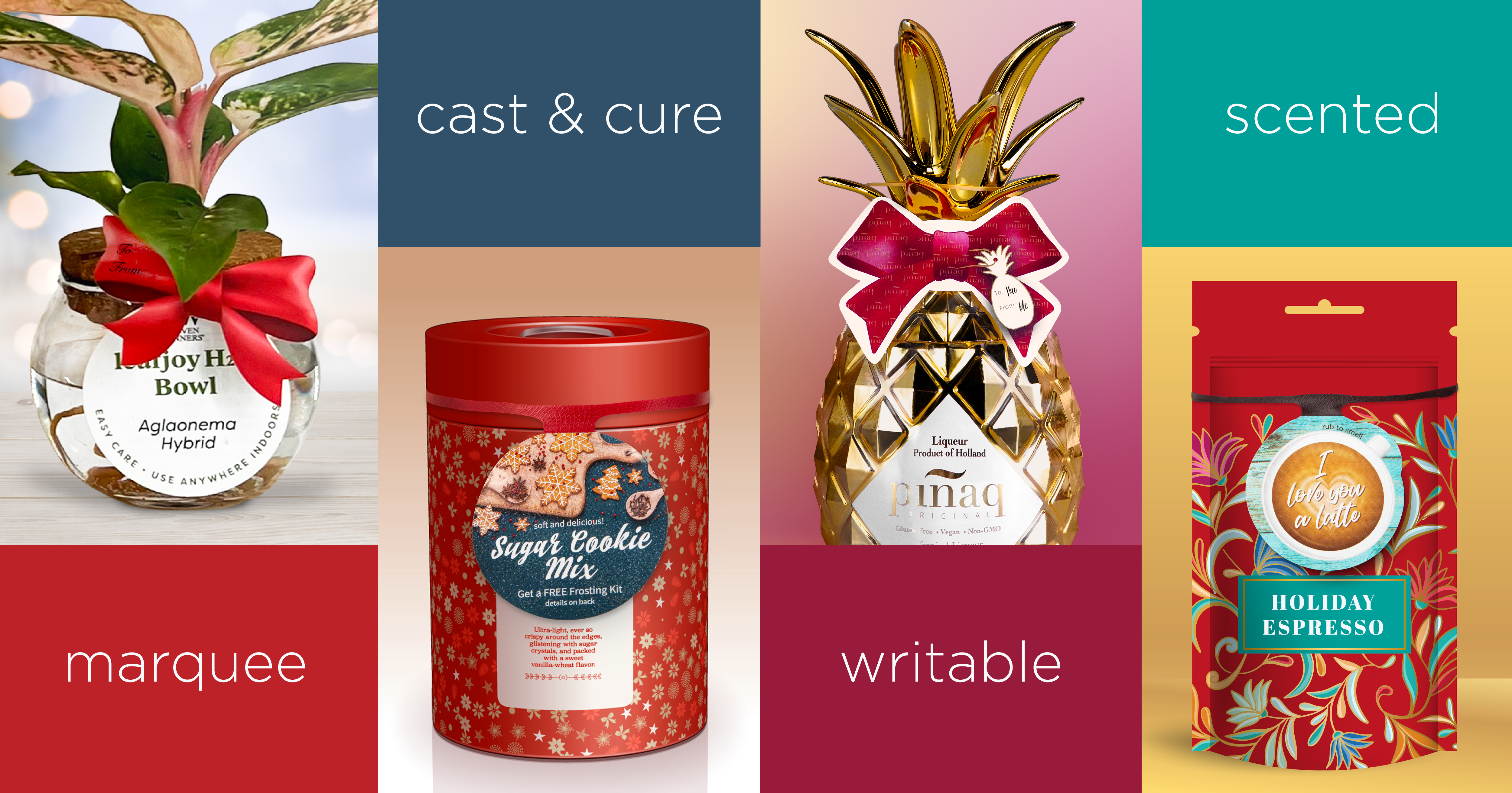 A variety of holiday-themed ElastiTag promotional hang tags with colorful blocks "marquee, cast & cure, writable, scented"