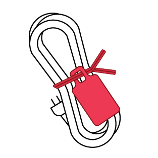 An illustrated red tag attached to a red twist tie wound around an electrical cord.