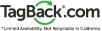 TagBack.com text logo in black with a green recycling symbol forming part of the 'a' in 'TagBack'. Below is small text stating 'Limited Availability. Not Recyclable in California'.