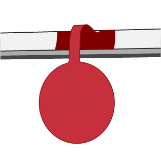 illustration of a red shelf talker that is slid into a retail shelf and a circular tag that dangles in front.