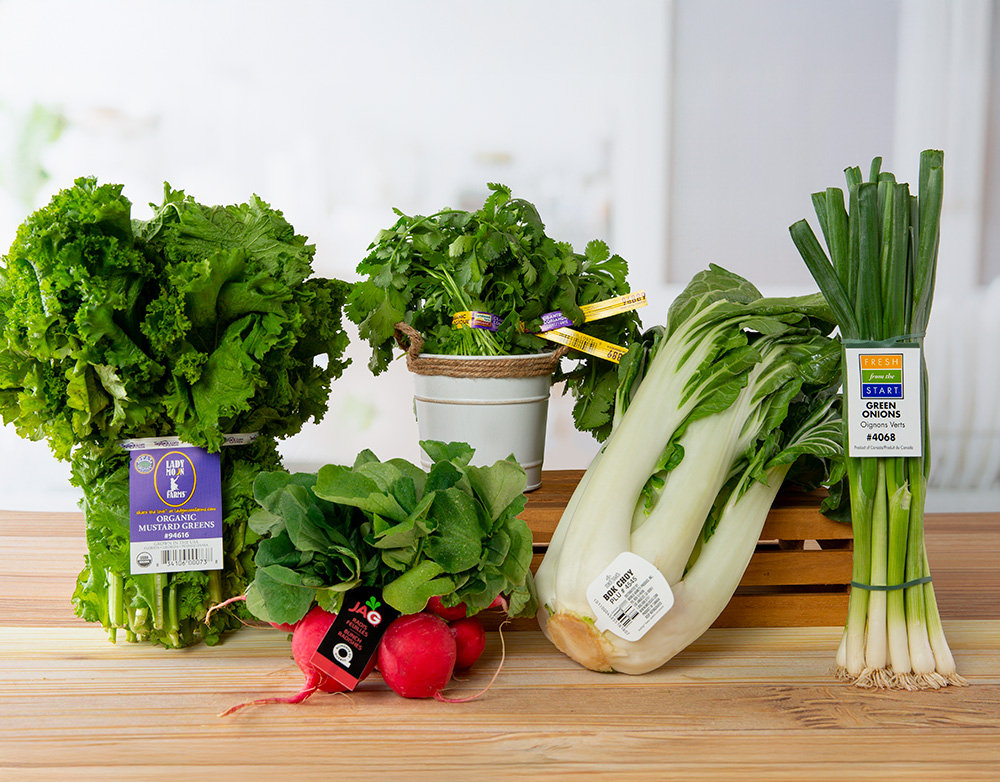 5 fresh produce items, including leafy greens with purple Bib Tie, radishes with ElastiTag, cilantro with yellow produce tie, bok choy with produce tag, and green onions with ElastiTag label.