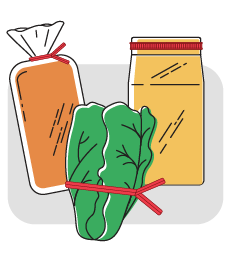 illustration of 3 grocery products. Left: loaf of bread with red twist tie, Center: leafy greens with red produce tie, Right: yellow coffee bag with red coffee bag closure.