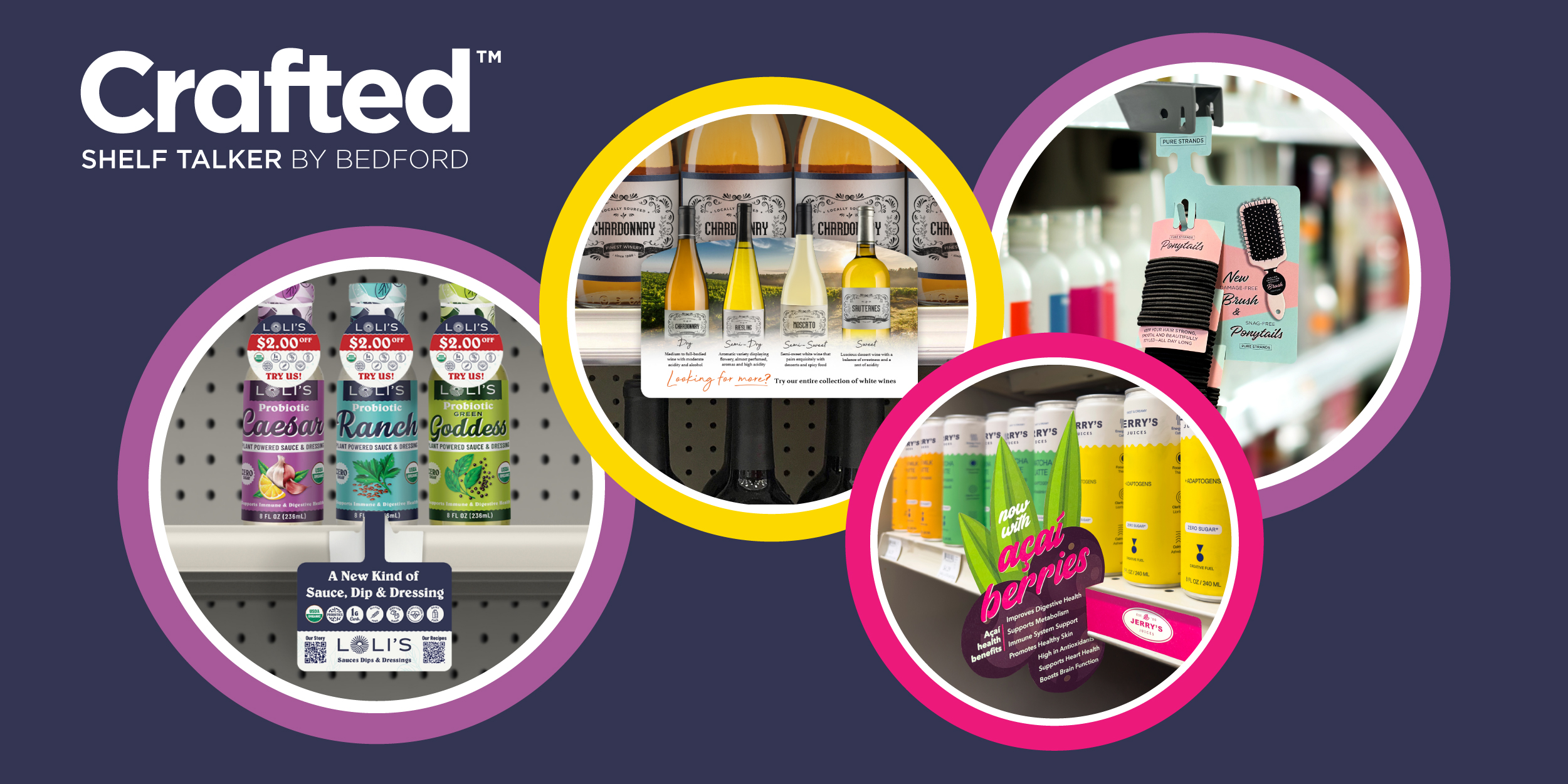 A collage of retail displays featuring various products, including wine, sauces, hair accessories, and beverages. Each display uses different marketing techniques like shelf talkers.