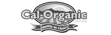 Black and white Cal-Organic Farms logo with a mountain landscape.