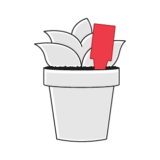An illustrated red plant stake in a potted plant.