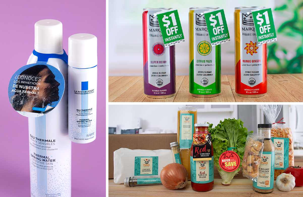 Variety of hangtags on health and beauty, beverage, and food products.