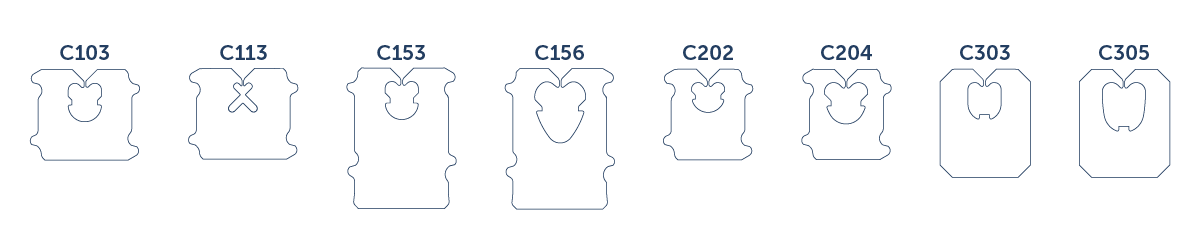 Eight bread tags with codes C103, C113, C153, C156, C202, C204, C303, and C305. Each has a unique shape and inner cutout.