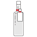 Small, trial-sized bottle attached to larger illustrated spirits-type bottle by red elastomer loops.