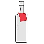 An illustrated red hang tag around a bottle neck.