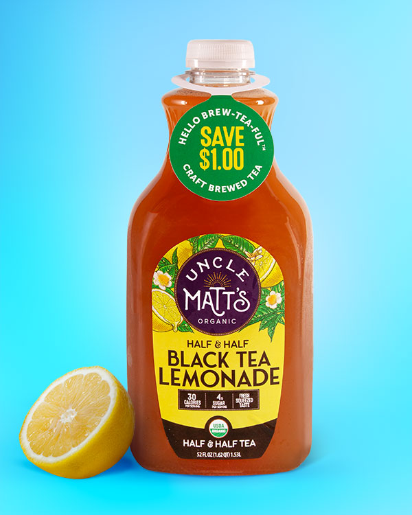 Uncle Matt's Organic brand Half & Half Black Tea Lemonade in a clear bottle with a "Save $1.00" green coupon tag.