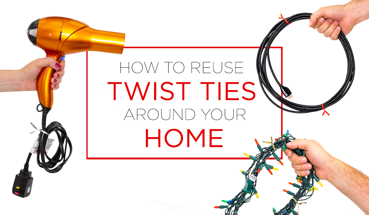 Collage with the text "HOW TO REUSE TWIST TIES AROUND YOUR HOME" in a red outlined square, surrounded by hands holding a gold hairdryer, coiled black cord and a bundle of tangled Christmas lights, all bundled with twist ties.