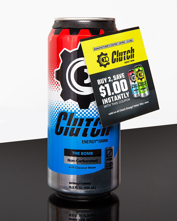 Clutch Energy Drink can with "Buy 2, Save $1" coupon tag. Red, white, blue can with gear logo.