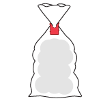 A red compostable bag closure securing a bag of illustrated apples.