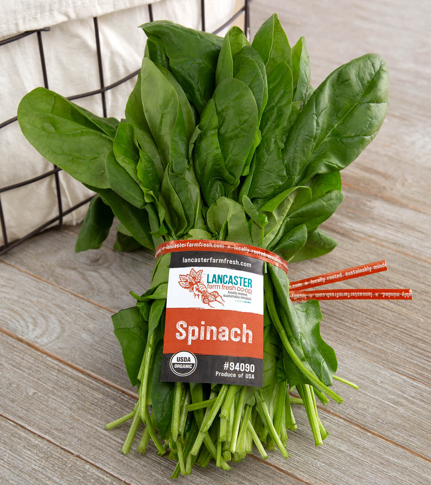 An organic vegetable wire tie twists to bundle fresh spinach.