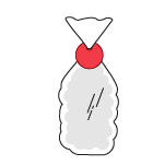 A red circle-shaped tag illustrating securing a plastic bag.