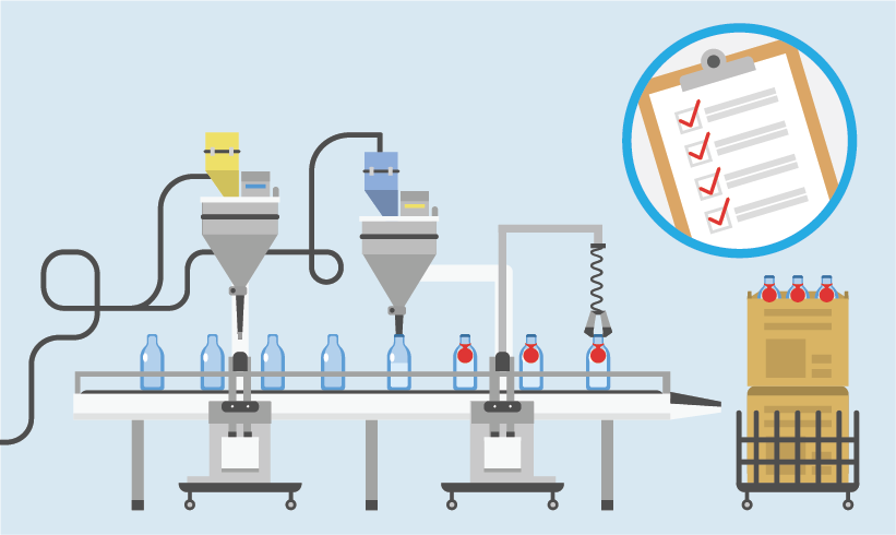 An illustration of a manufacturing line applying hang tags to bottles and a clipboard with red check marks