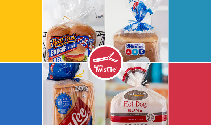 A collage featuring four bread and bun bags closed with Bedford Twist Ties. Each quadrant shows a different brand: Ball Park burger buns, a loaf of white bread with added vitamins, Sunbeam white bread, and Kwikery hot dog buns. The Bedford Twist Tie logo is centered on a red circle in the middle of the image. The background includes blocks of blue, yellow, and red, adding a vibrant, colorful touch.