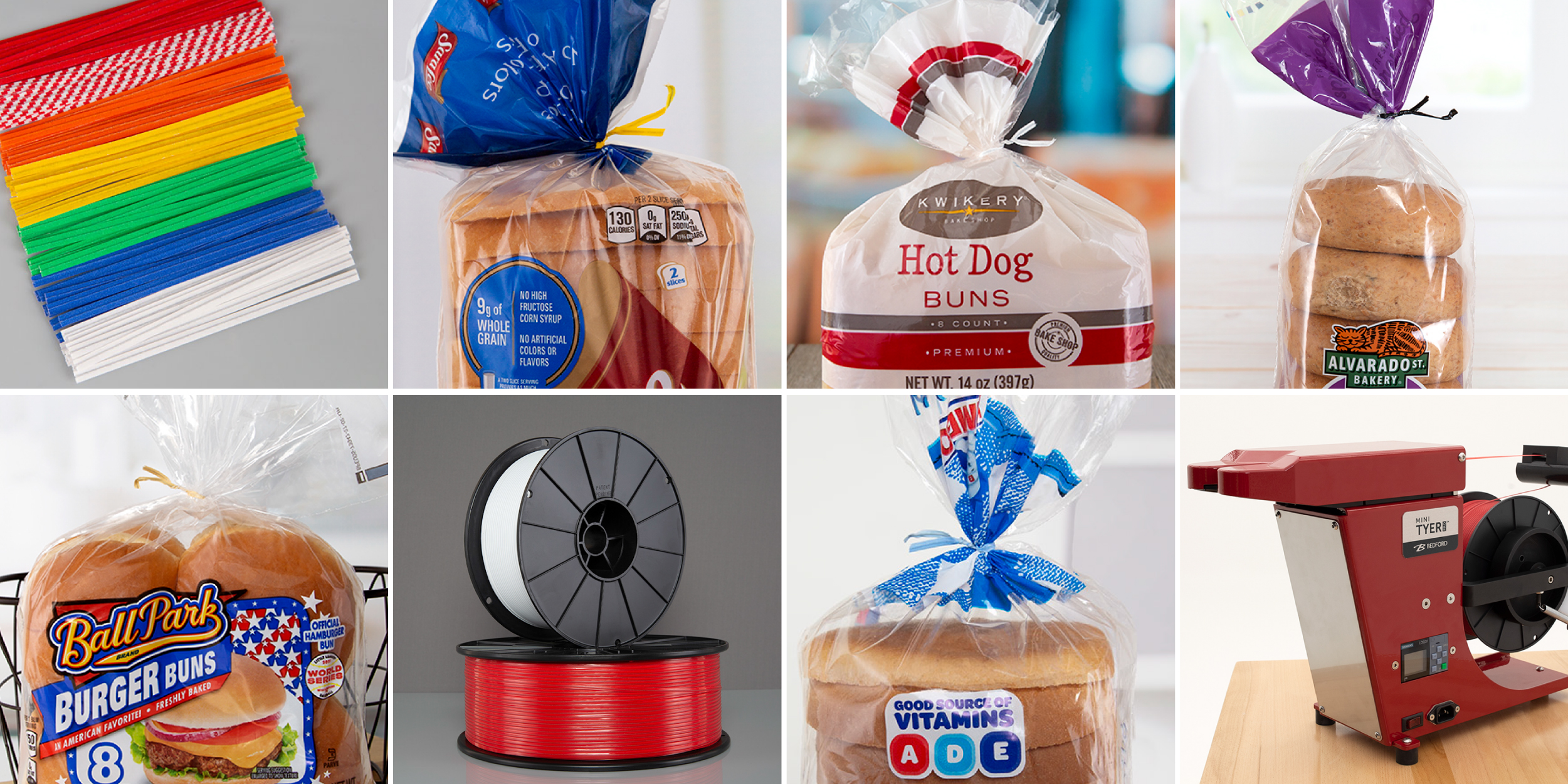 A collage showcasing various Bedford packaging products and tools. The top row features colorful twist ties, bags of bread and buns from brands like Sunbeam, Kwikery, and Alvarado St. Bakery, all sealed with Bedford Twist Ties. The bottom row includes a pack of Ball Park burger buns, a spool of red twist tie material, a loaf of vitamin-enriched bread sealed with a blue twist tie, and a red Mini Tyer machine used for twist tie application. The image highlights the versatility of Bedford's twist ties and sealing equipment for food packaging.