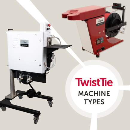 Two types of twist tie machines displayed on a light background. The machines, the Mini Tyer Pro in red and the Ring Tyer in white, are positioned around central text that reads 'Twist Tie Machine Types' in bold black and red lettering.