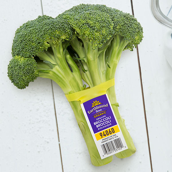 A bunch of fresh, green broccoli florets with a yellow ElastiTag Produce label attached to its stems that says "Earthbound Farm Organic Broccoli" and other product information.