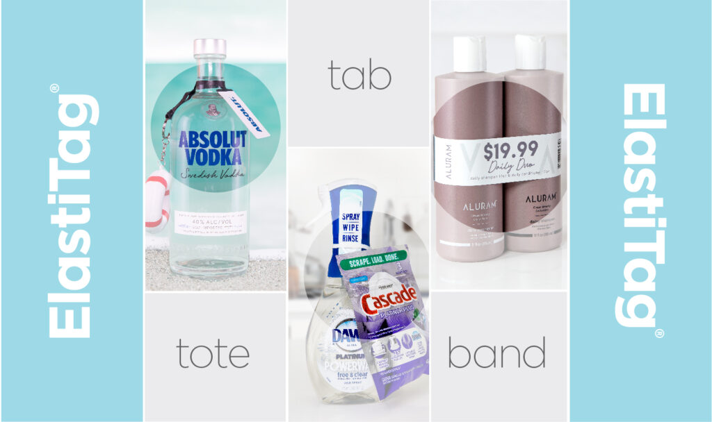 A collage of various products using ElastiTag labels. Products include Absolut Vodka with tote, Cascade dish detergent on a tab, and Alur shampoo bottles with a band.