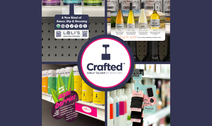 A collage of retail displays featuring various products, including wine, sauces, hair accessories, and beverages. Each display uses different marketing techniques like shelf talkers, banners, and danglers