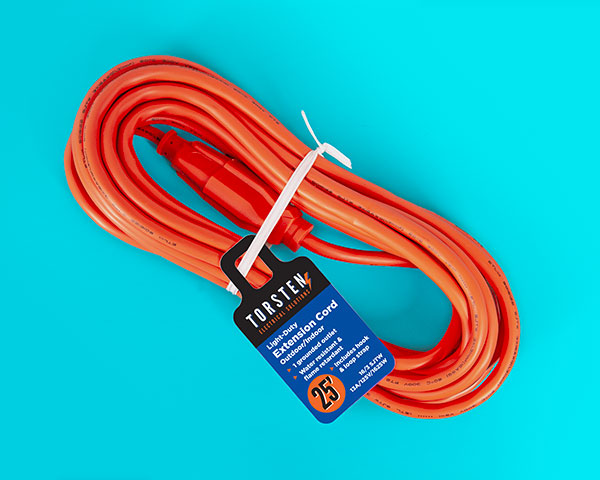 A 25-foot orange extension cord with a grounded outlet. It is coiled up by a white twist tie and has a blue ring tag with black text that reads "TORSTEN Light-Duty Extension Cord" and lists its features.