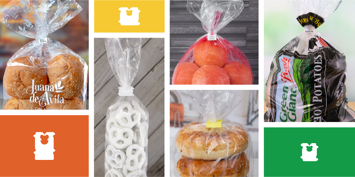 Collage of four images showing different food items in clear bags, each closed with a white plastic clip. The food items are buns, pretzels, oranges, and potatoes.