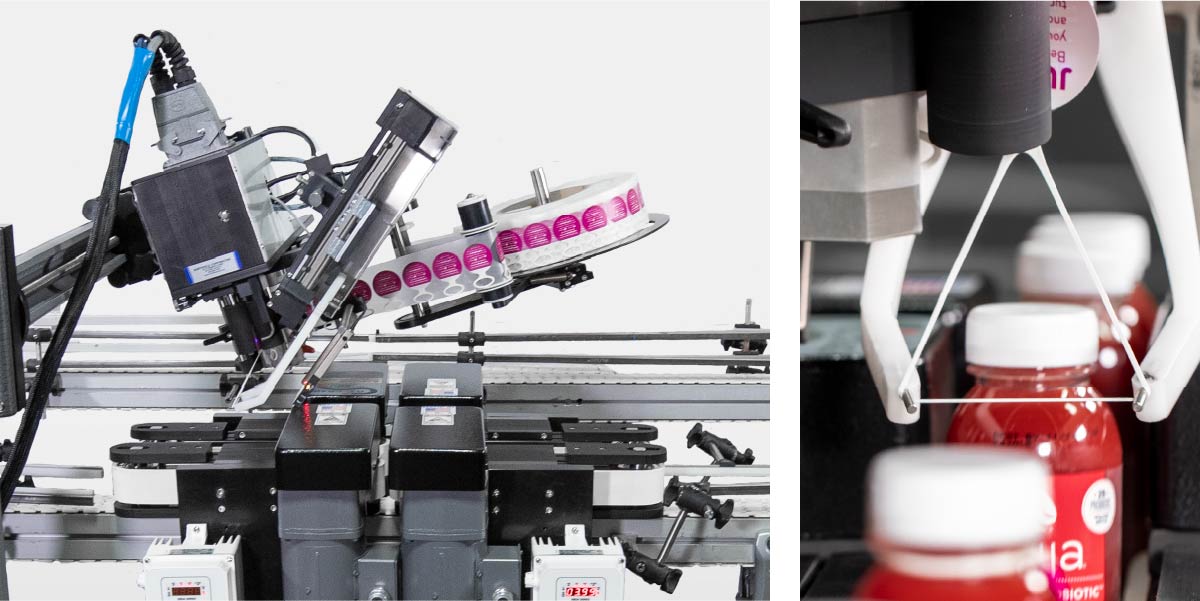 Left: A side view of an automated Northfield ElastiTag Applicator bottle labeling machine with a roll of labels and several bottles on a conveyor belt. Right: A close-up of a robotic arm applying an ElastiTag to a bottle, with several labeled bottles visible in the background.