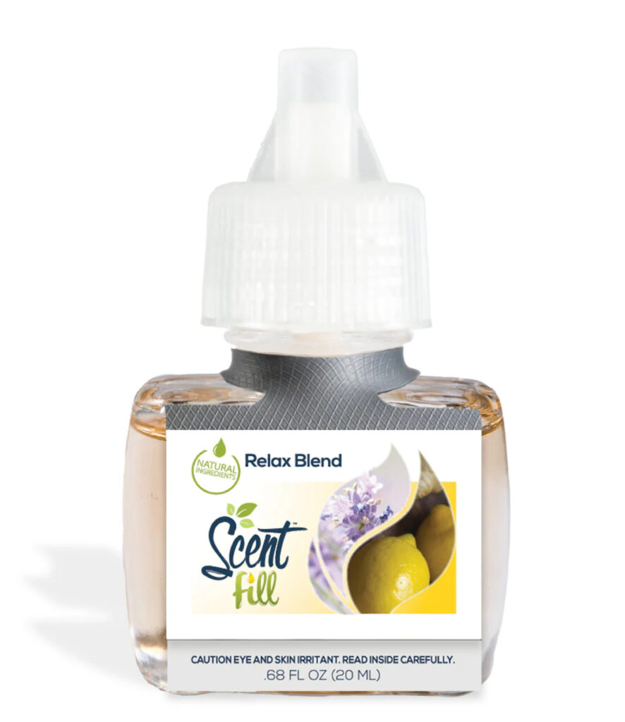 Close-up photo of a Scent Fill plug-in refill bottle. The label reads "Relax Blend" and "Scent Fill" and shows images of lavender and lemon.