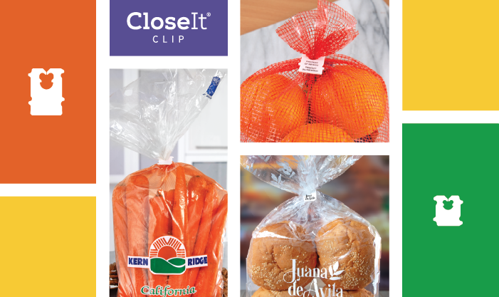 Four images showcasing the Closlt CLIP product in use with different food items: oranges, carrots, and buns.